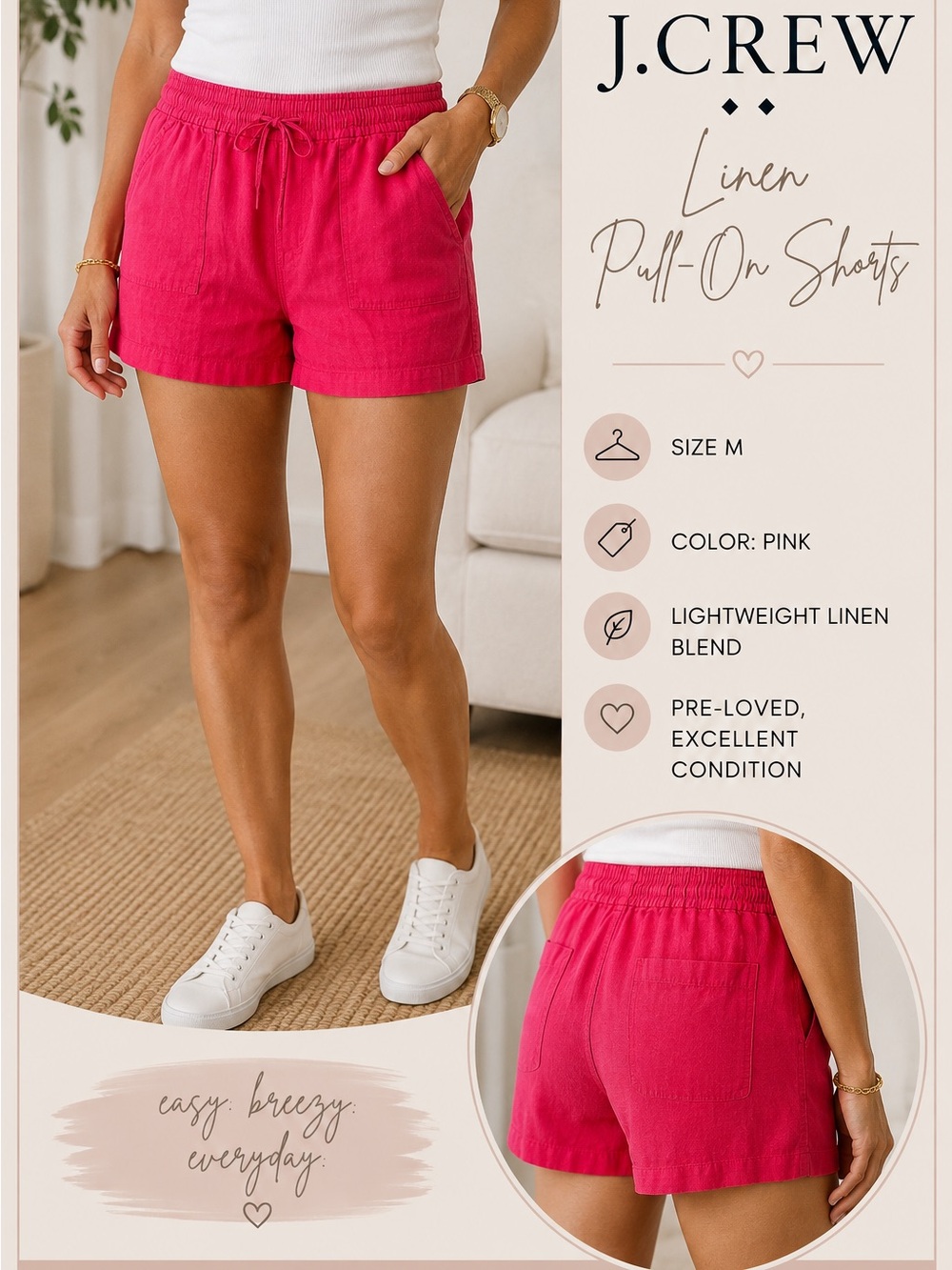 J. Crew Bright Pink Linen Drawstring Shorts